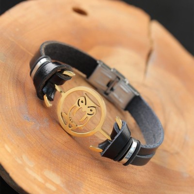 Gold Renk Baykuşlu Metal Aksesuarlı Siyah Renk Deri Erkek Bileklik