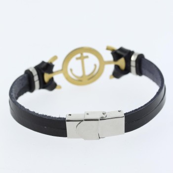 Gold Renk Deniz Çapası Figürlü Metal Aksesuarlı Siyah Renk Deri Erkek Bileklik