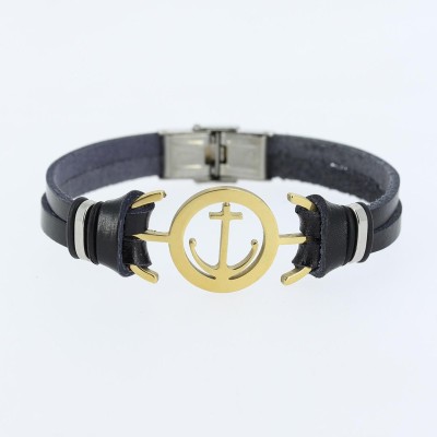 Gold Renk Deniz Çapası Figürlü Metal Aksesuarlı Siyah Renk Deri Erkek Bileklik