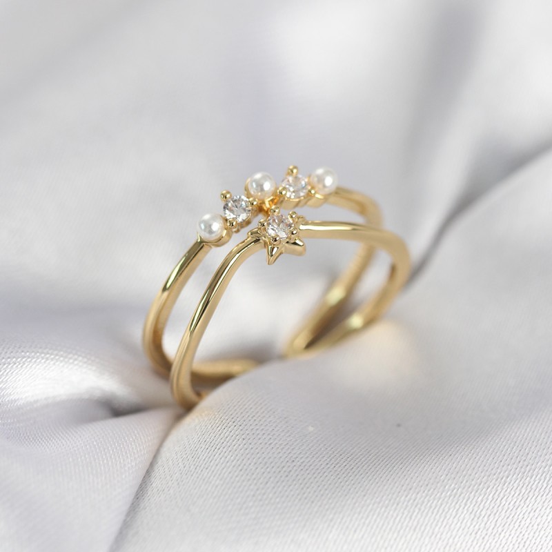 Gold Renk İncili Yıldız Model Zirkon Taşlı Kadın Yüzük