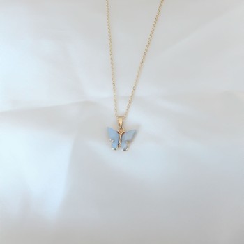 Gold Renk Kaplama Buz Mavisi Renk Sedefli Kelebek Kolye