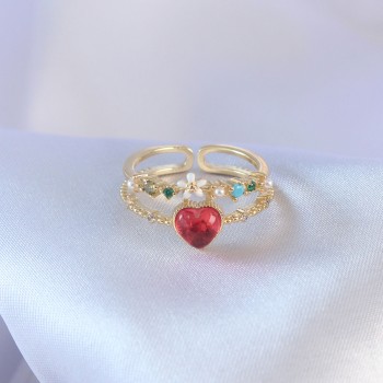 Gold Renk Kırmızı Zirkon Taş Kalp Model Pirinç Kadın Yüzük