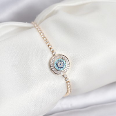 Gold Renk Nazar Model Zirkon Taşlı Asansörlü Su Yolu Bileklik