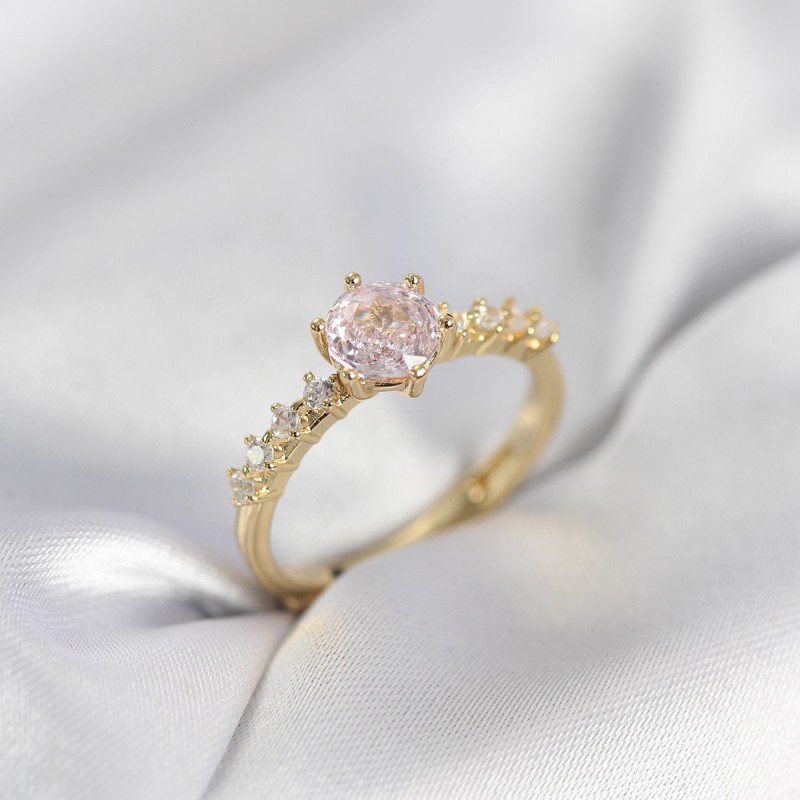 Gold Renk Pembe Tek Taş Model Zirkon Taşlı Kadın Yüzük
