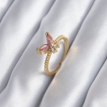 Gold Renk Pembe Zirkon Taşlı Kelebek Model Kadın Yüzük