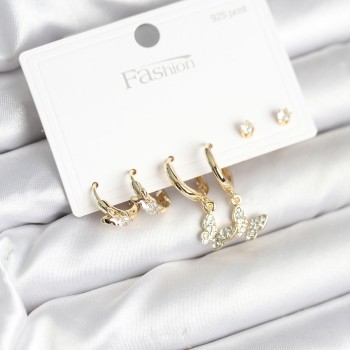 Gold Renk Pirinç Kelebek Model 925 Ayar Gümüş Çivili Kadın Küpe Seti