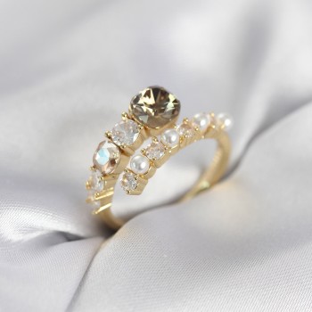 Gold Renk Pirinç Zirkon Taşlı İncili Kadın Yüzük