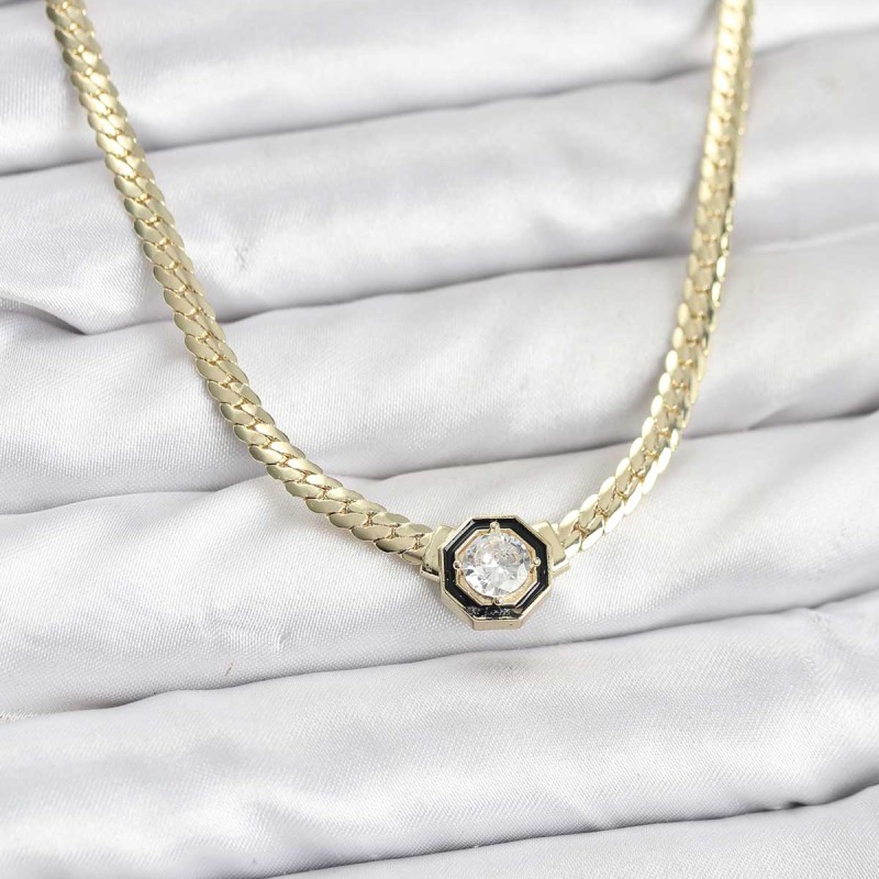 Gold Renk Pirinç Zirkon Taşlı Kadın Kolye