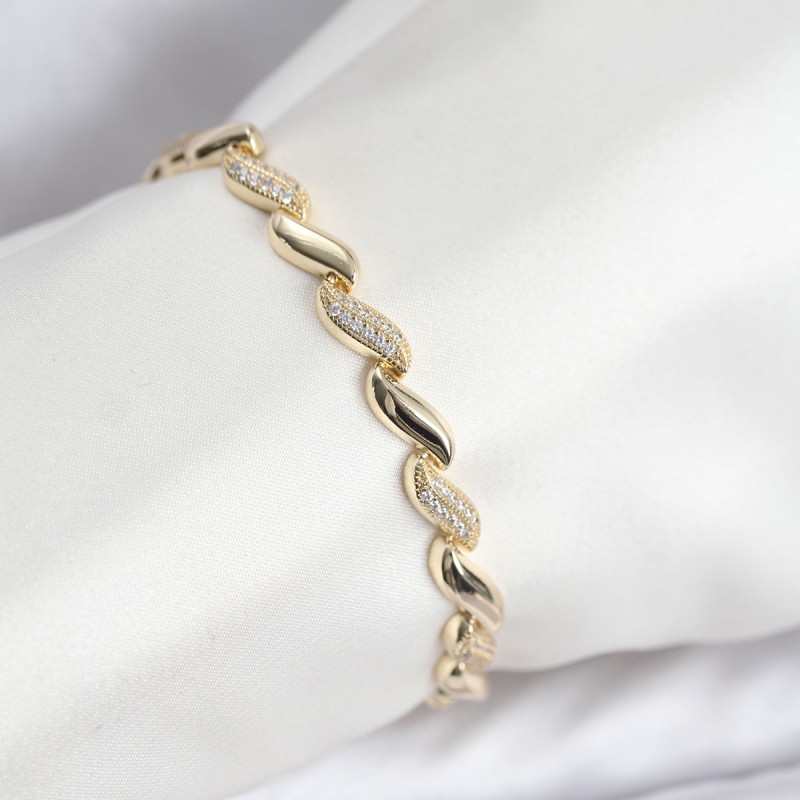 Gold Renk Sıralı Damla Model Zirkon Taşlı Pirinç Kadın Bileklik