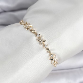 Gold Renk Yonca Model Zirkon Taşlı Asansörlü Kadın Bileklik