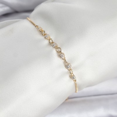 Gold Renk Zincir Model Zirkon Taşlı Pirinç Asansörlü Kadın Bileklik