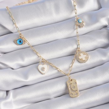 Gold Renk Zirkon Taşlı Çoklu Figür Model Şans Kolyesi