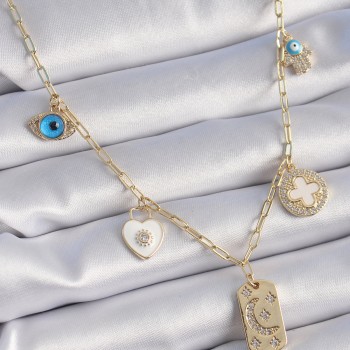 Gold Renk Zirkon Taşlı Çoklu Figür Model Şans Kolyesi
