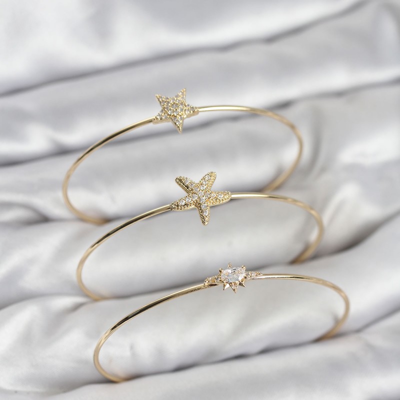Gold Renk Zirkon Taşlı Deniz Yıldızı Model 3'lü Kadın Bileklik Kombini
