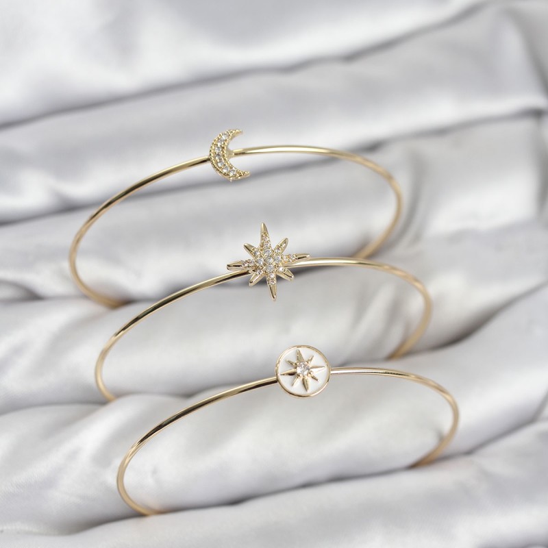 Gold Renk Zirkon Taşlı Kutup Yıldızı Model 3'lü Kadın Bileklik Kombini