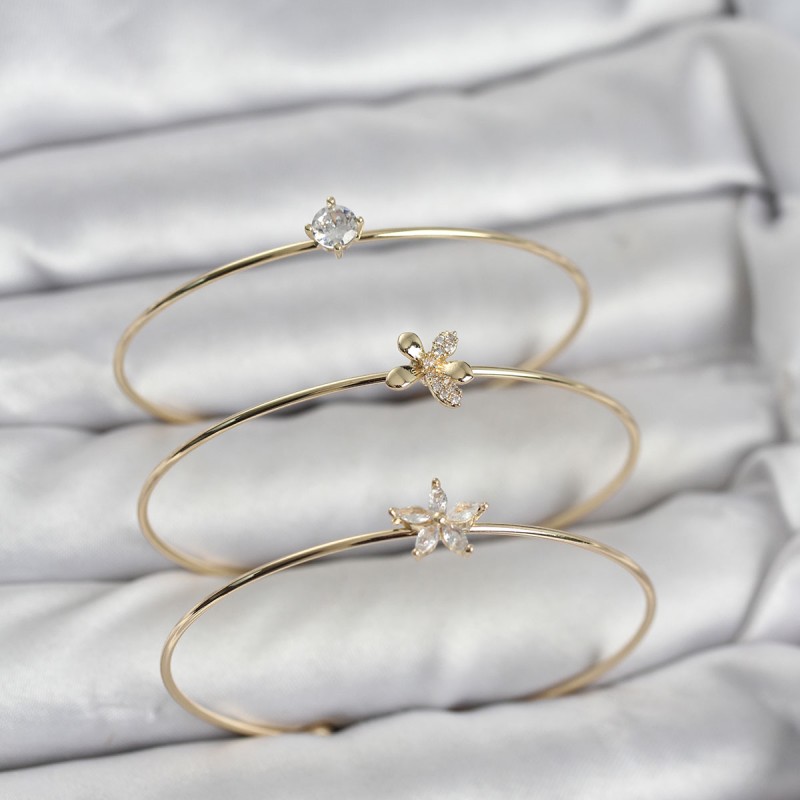 Gold Renk Zirkon Taşlı Pirinç 3'lü Kadın Bileklik Kombini