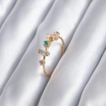 Gold Renk Zirkon Taşlı Renkli Zirkon Taşlı Kadın Yüzük