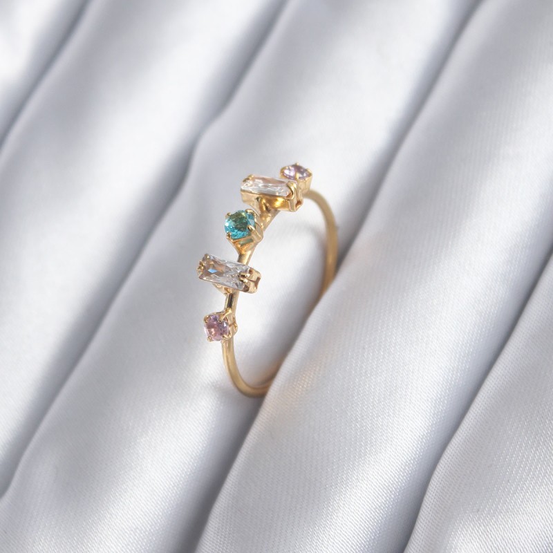 Gold Renk Zirkon Taşlı Renkli Zirkon Taşlı Kadın Yüzük