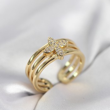 Gold Renk Zirkon Taşlı Yonca Model Kadın Yüzük