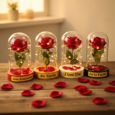 Gül Yapraklı Ledli Gül Fanus 