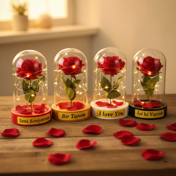 Gül Yapraklı Ledli Gül Fanus 