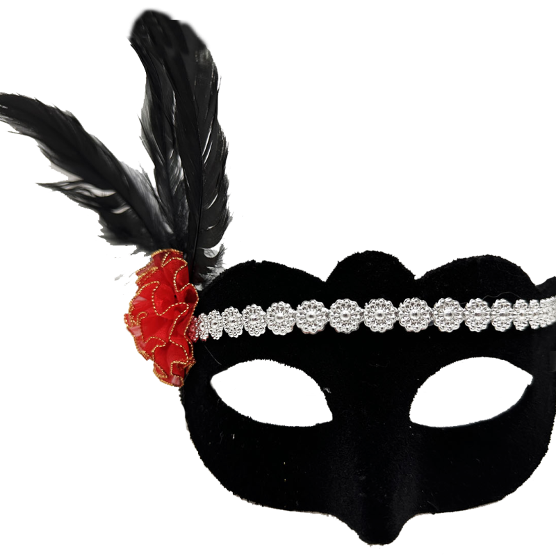 Gümüş Dantelli Kırmızı Gül Tasarımlı Parti Maskesi