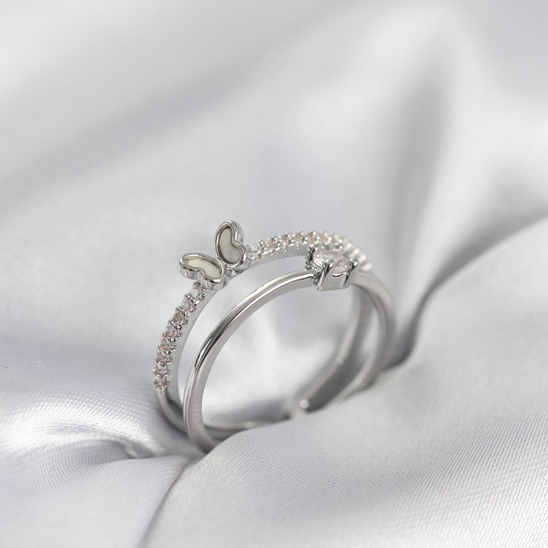 Gümüş Renk 2'li Zirkon Taşlı Kelebek Model Kadın Yüzük