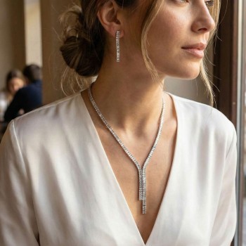 Gümüş Renk Baget Zirkon Taşlı Kadın Kolye Küpe Set