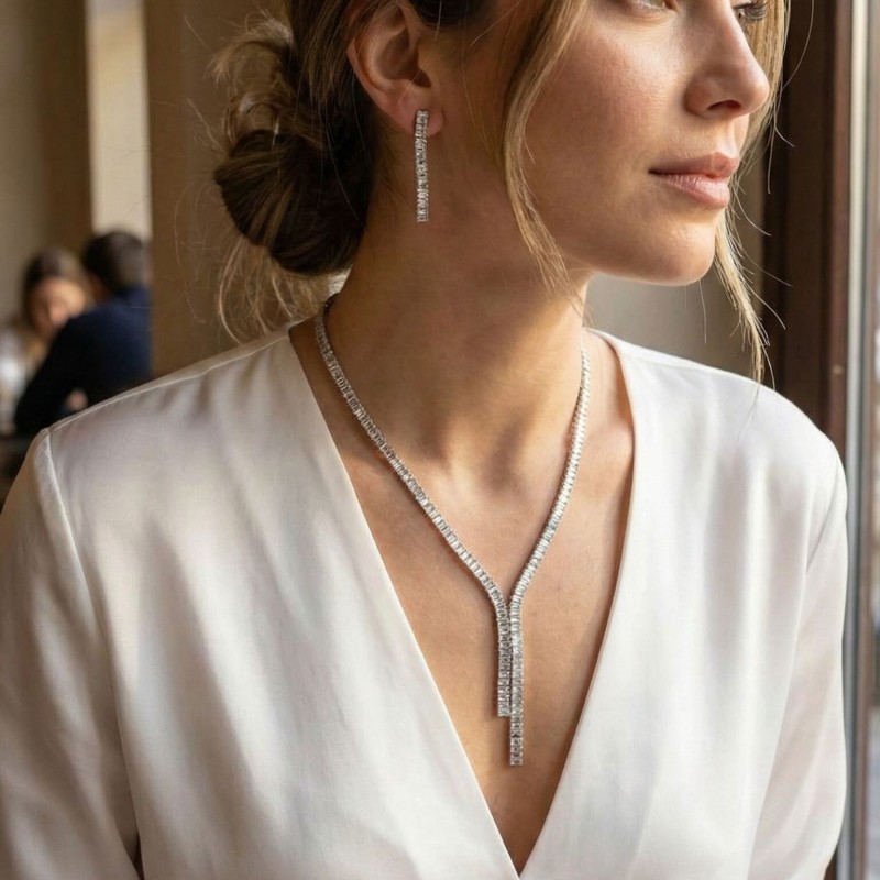 Gümüş Renk Baget Zirkon Taşlı Kadın Kolye Küpe Set