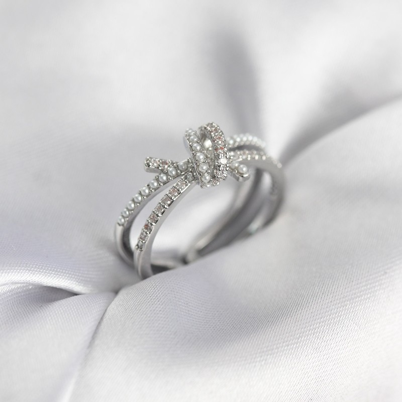 Gümüş Renk İncili Zirkon Taşlı Düğüm Kadın Yüzük