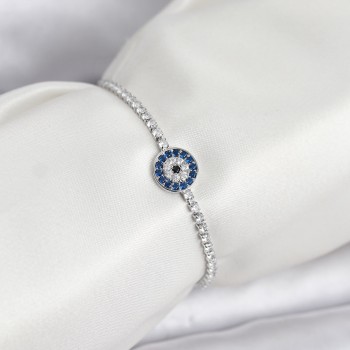 Gümüş Renk Nazar Model Zirkon Taşlı Asansörlü Su Yolu Bileklik