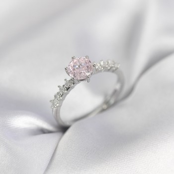 Gümüş Renk Pembe Tek Taş Model Zirkon Taşlı Kadın Yüzük