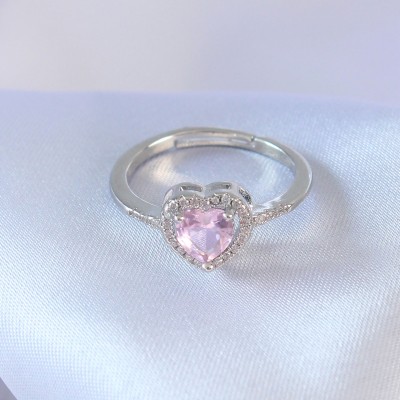 Gümüş Renk Pembe Zirkon Taşlı Kalp Charm Model Pirinç Kadın Yüzük
