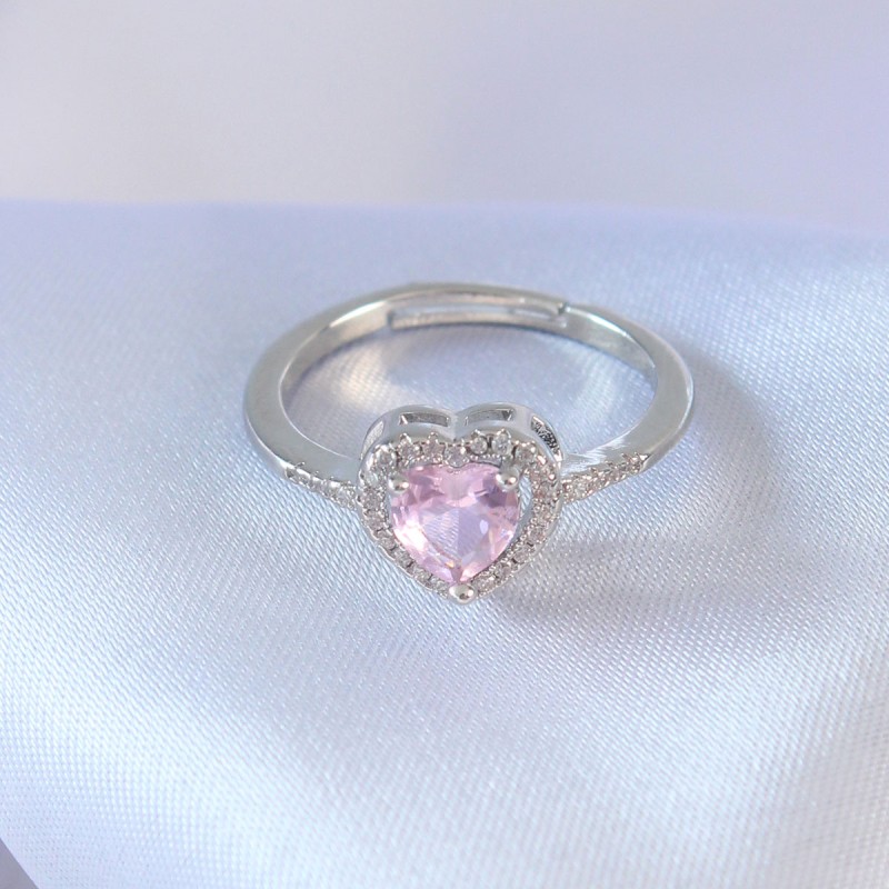 Gümüş Renk Pembe Zirkon Taşlı Kalp Charm Model Pirinç Kadın Yüzük