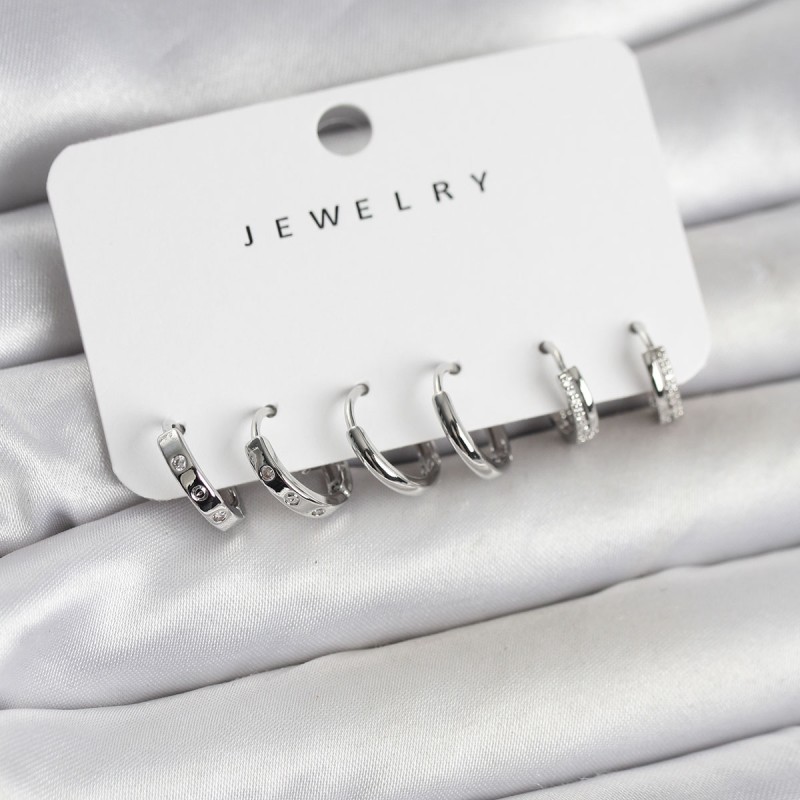 Gümüş Renk Pirinç 3 Çift Kadın Küpe Seti