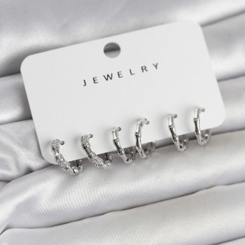 Gümüş Renk Pirinç Kemik Model 3 Çift Kadın Küpe Seti