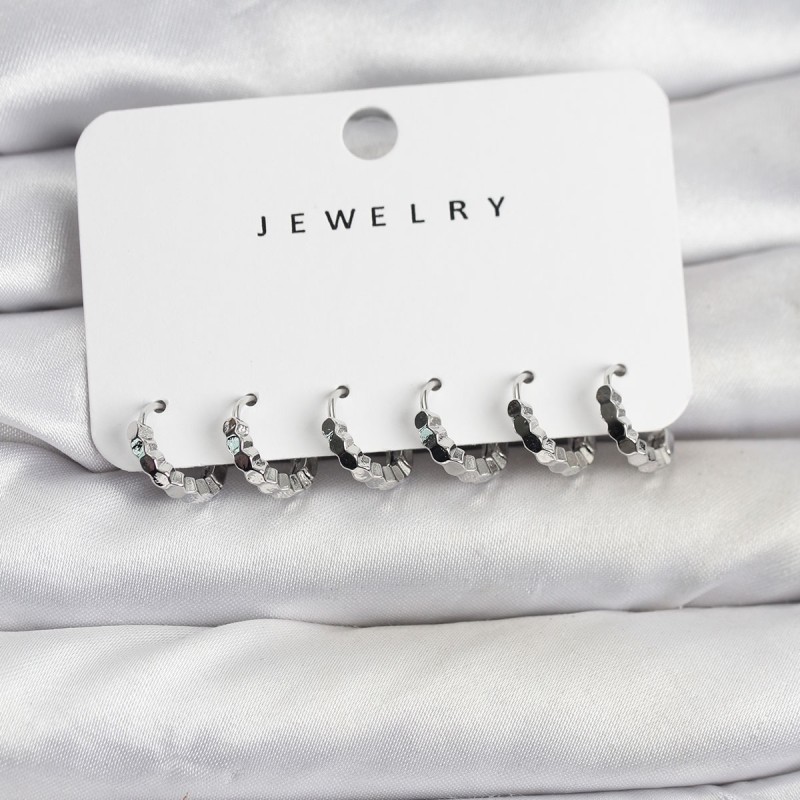 Gümüş Renk Pirinç Minimal Petek Detaylı Kadın Küpe Seti