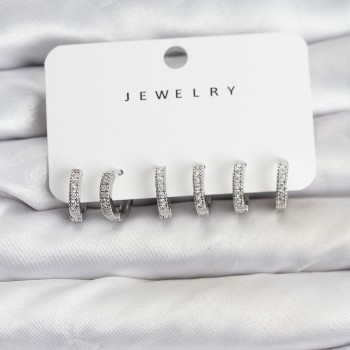 Gümüş Renk Pirinç Zirkon Taşlı Halka Kadın Küpe Seti