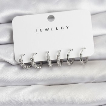 Gümüş Renk Pirinç Zirkon Taşlı Kadın Küpe Seti