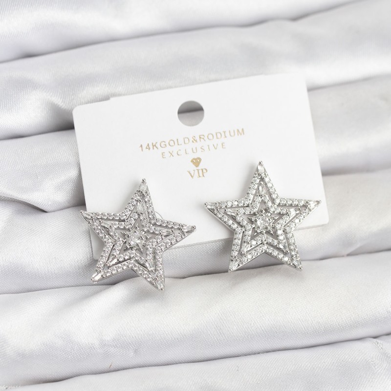 Gümüş Renk Pirinç Zirkon Taşlı Yıldız Model Kadın Küpe