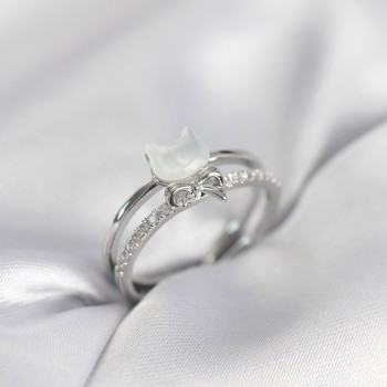 Gümüş Renk Sedefli Kedi Model Fiyonklu Zirkon Taşlı Kadın Yüzük