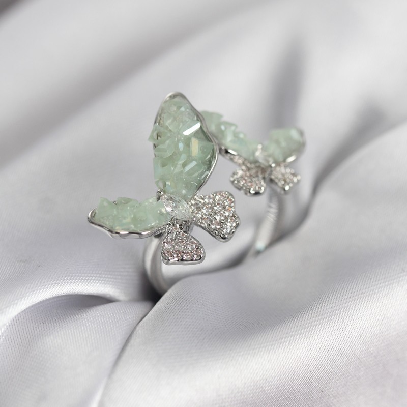 Gümüş Renk Su Yeşili Kelebek Model Zirkon Taşlı Kadın Yüzük