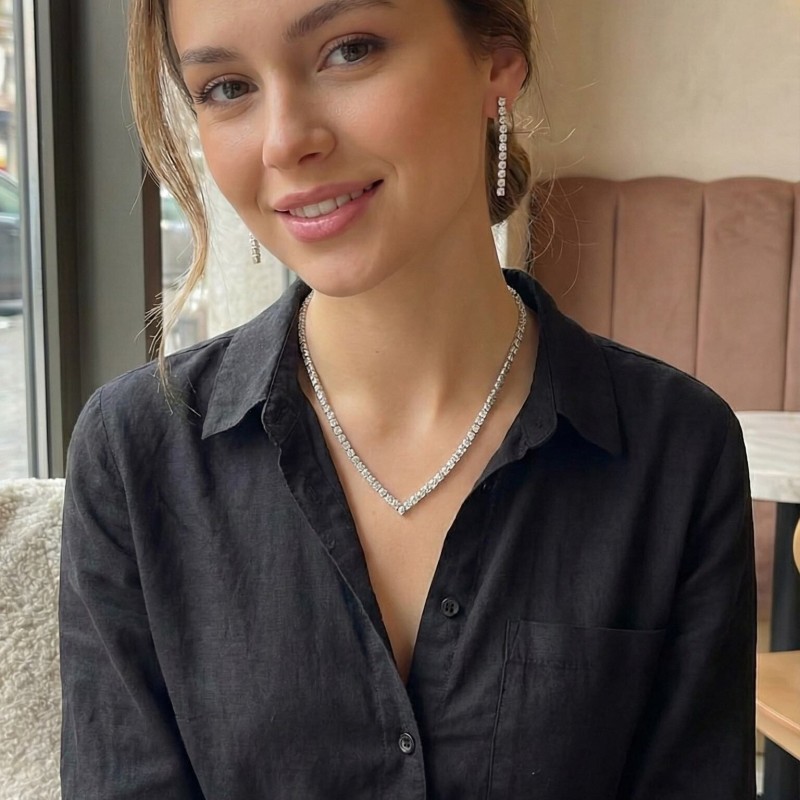 Gümüş Renk Zirkon Taşlı Kadın Kolye Küpe Seti