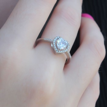 Gümüş Renk Zirkon Taşlı Kalp Model Charm Pirinç Kadın Yüzük