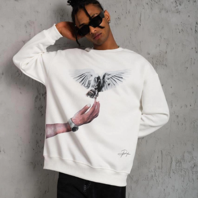 Güvercin Baskılı Sweatshirt - Beyaz -