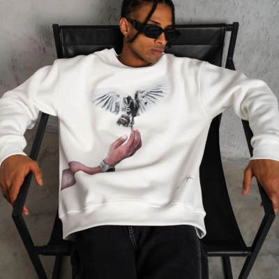 Güvercin Baskılı Sweatshirt - Beyaz -