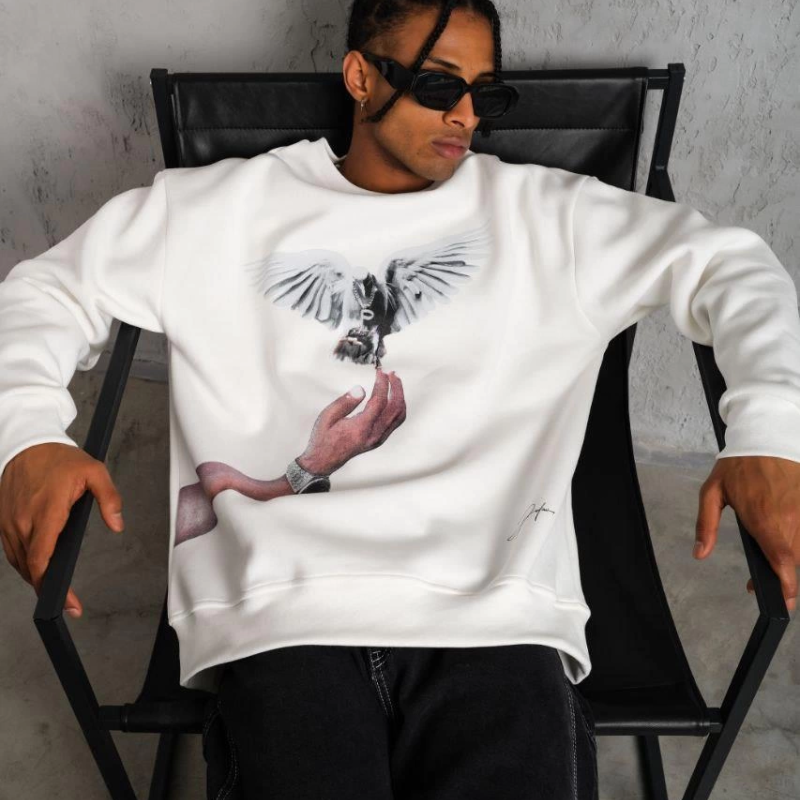 Güvercin Baskılı Sweatshirt - Beyaz -