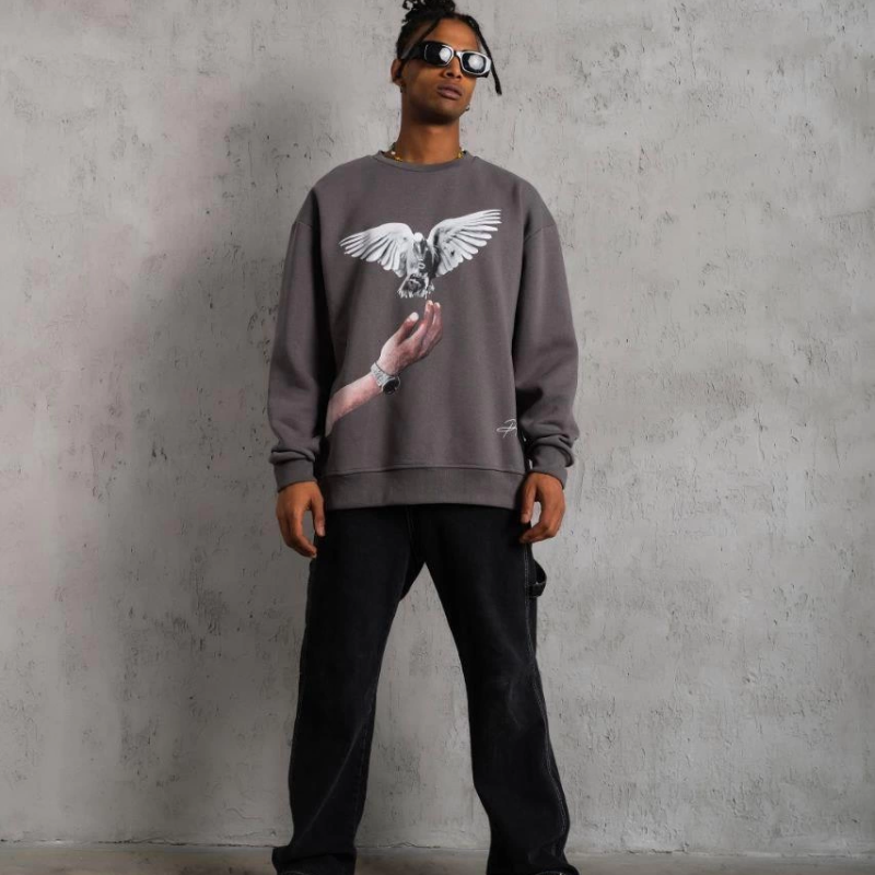 Güvercin Baskılı Sweatshirt - Gri