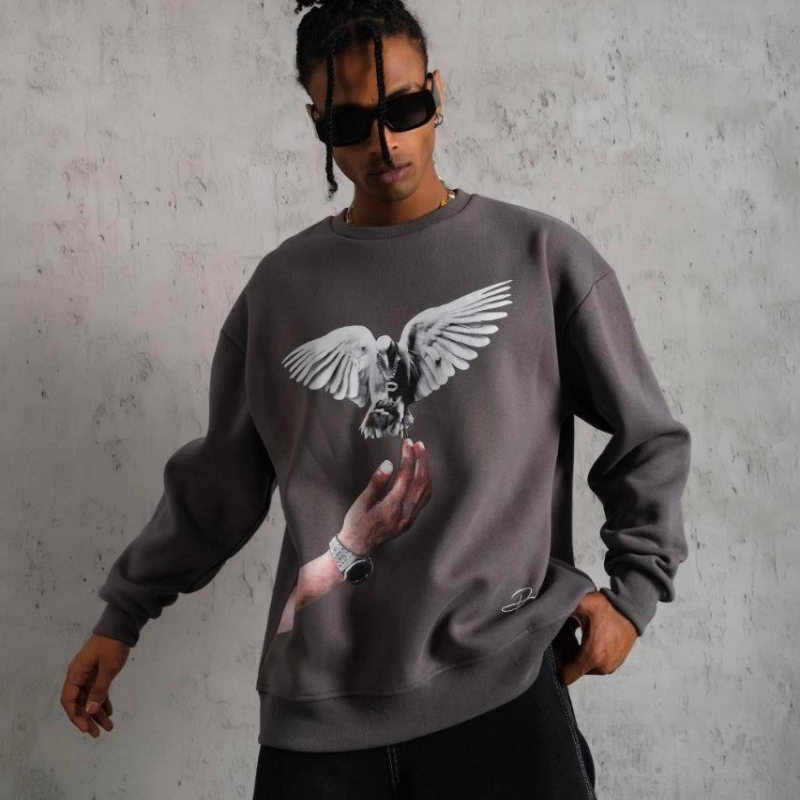 Güvercin Baskılı Sweatshirt - Gri