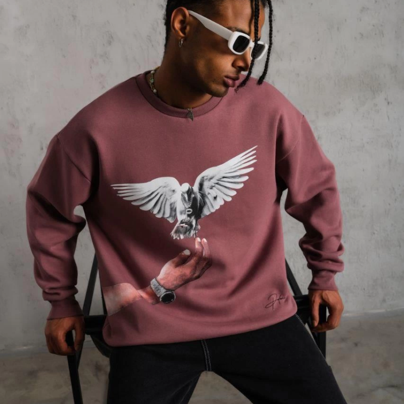 Güvercin Baskılı Sweatshirt - Gül Kurusu